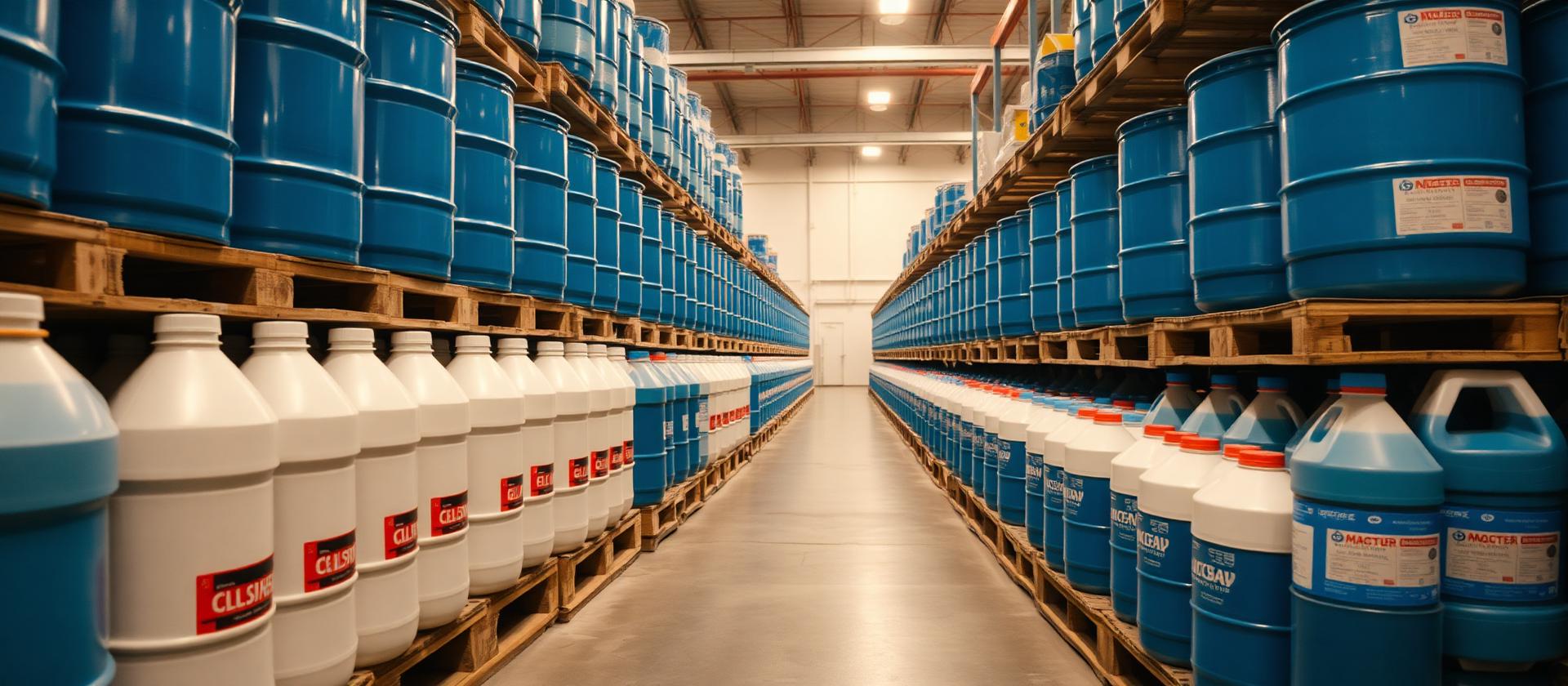 Bulk cleaning chemical drums and containers on warehouse pallets