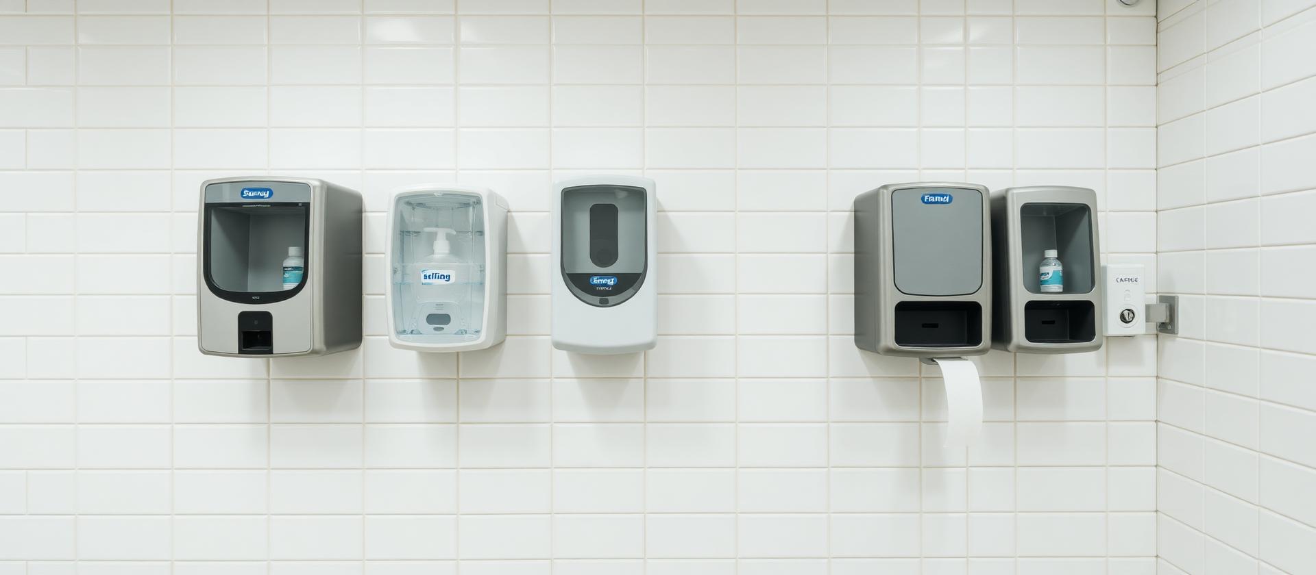 Commercial washroom dispensers mounted on tiled wall